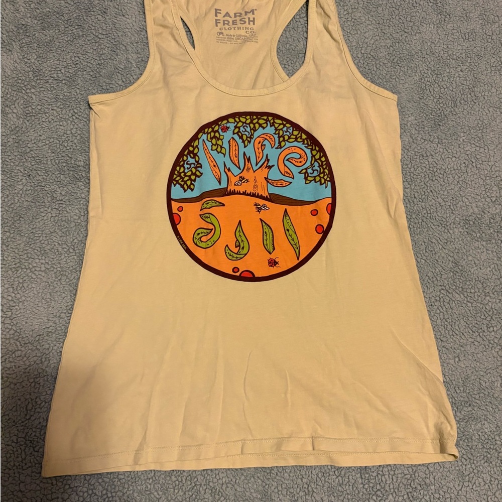 Women's organic  Graphic Tank Top yellow green size medium. Life Soil